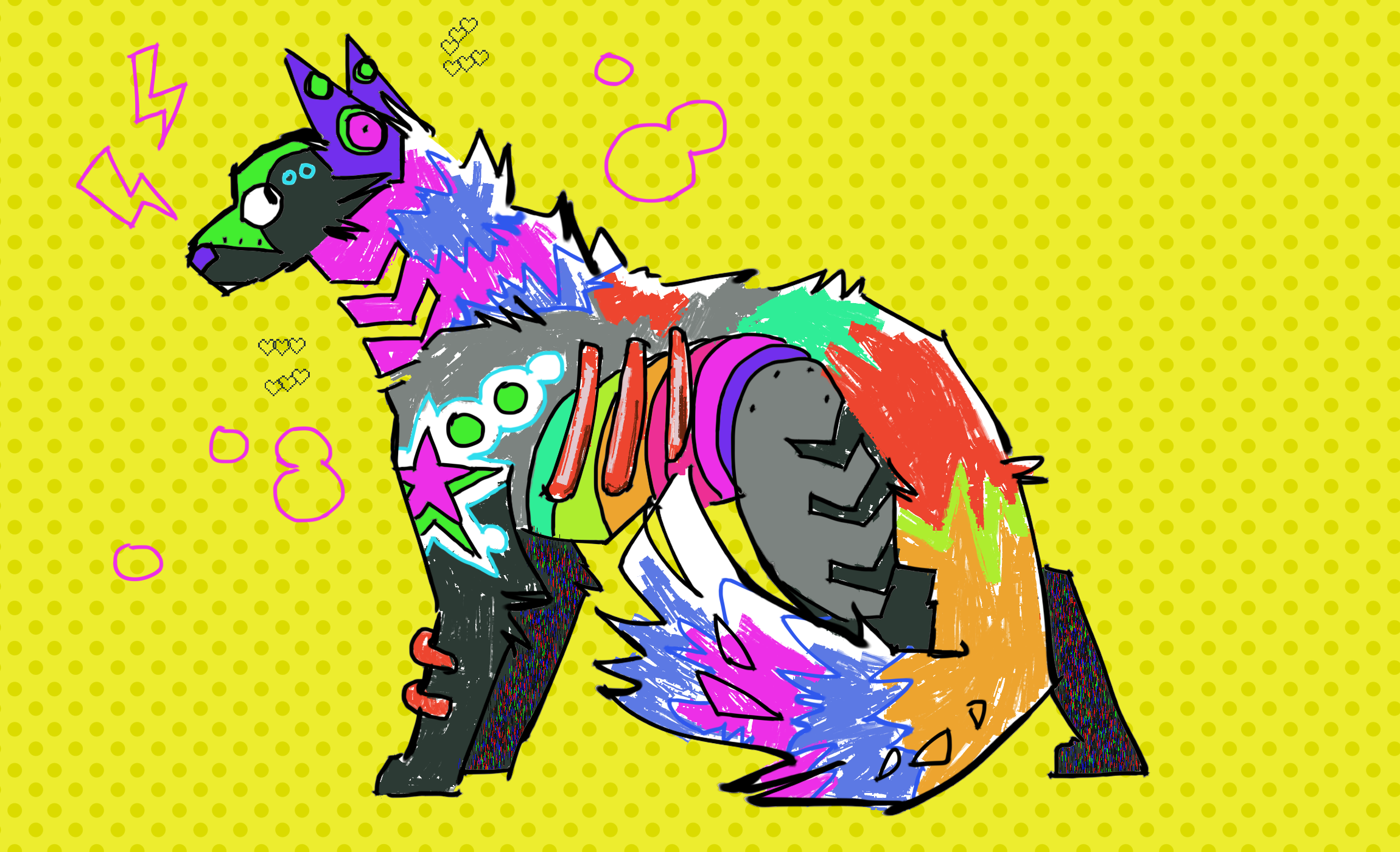 a sketch of a colourful sparkledog. it is facing to the side and the background is bright
	  yellow.